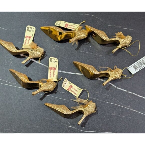 Christmas Gold tone Glitter Pump shoe Ornaments - Pack Of 6 High Heel Décor - Picture 4 of 9